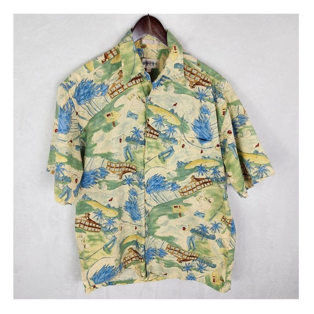 VTG Campia Moda Golf Theme Made Korea Shirt Men M Short Sleeve Yellow Blue